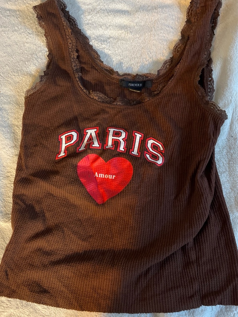 Forever 21 Brown Ribbed Tank Top with Red Paris Heart Graphic